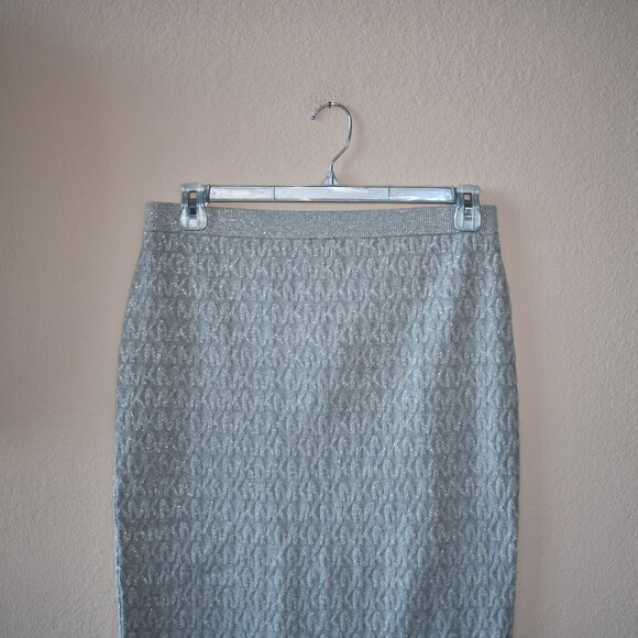 $98 Michael Kors Women's Pearl Heather/Metallic Silver Logo SWEATER SKIRT Size L - Picture 2 of 6